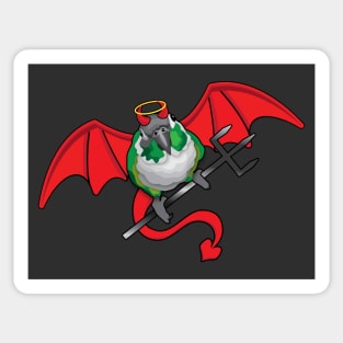 Green cheek Conure Red Devil Horns Holding Up Halo Sticker